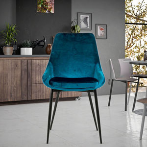 <span class=keywords><strong>Chaise</strong></span> de salle à manger moderne rembourrée en velours <span class=keywords><strong>bleu</strong></span> pétrole Techo pieds en métal noir tissu cuir/PU approvisionnement direct d'usine pour la maison - Product Image 2