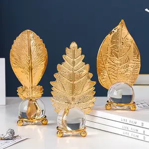 Interior Modern Nordic Table Gold Accessories Wholesale Metal Maple Leaf Art Crafts Home Decor Luxury Crystal Decor