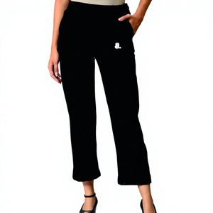 Pantalones Culottes Negros para Mujer, Cintura Media, Cierre Elástico, Color Sólido Informal, Largo hasta la Pantorrilla, con Bolsillos, Logotipo en la Pierna Derecha - Product Image 1