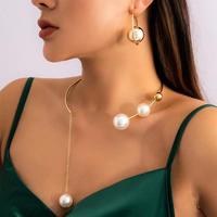 NYY Fashion Simple Sautoir Perle Hoops Open Circle White Pearl Pendant Necklace Statement Alloy Gold Plated Jewelry Set Women