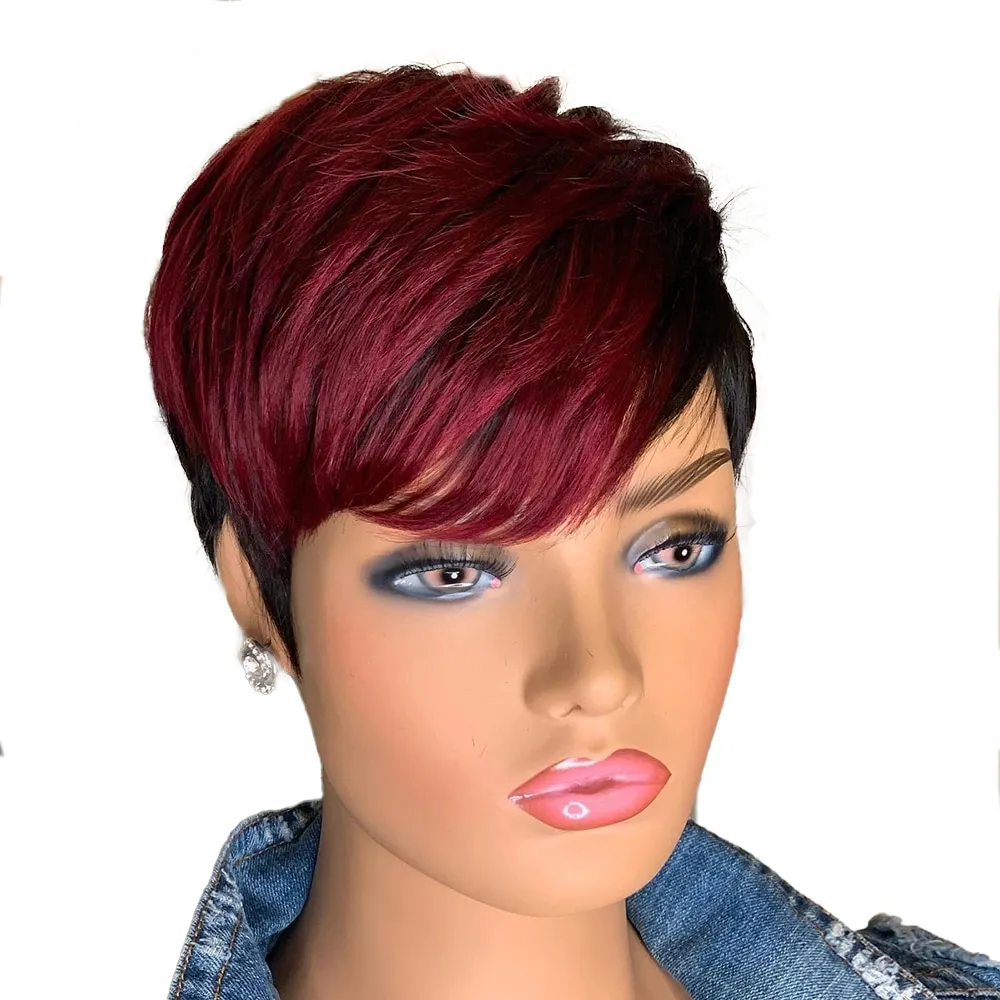 Wig sintetis model mesin penuh murah dengan poni Wig potongan Pixie Bob pendek merah untuk wanita rambut manusia Wig lurus tulang Brasil