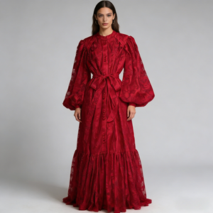 Vestido de Mujer Estilo Corte Francesa Otoño 2025, Vestido Largo de Encaje con Mangas Farol y Cintura Ajustable de Alta Gama - Product Image 3