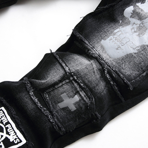 Jeans à logo personnalisé Fabricants de jeans design à trous évasés Jeans en jean <span class=keywords><strong>skinny</strong></span> stretch <span class=keywords><strong>noir</strong></span> imprimé tête de mort pour hommes - Product Image 4