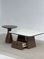 Table basse moderne en bois avec plateau en verre et tiroirs de rangement pour salon et petits espaces