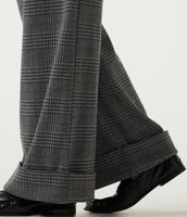 Pantalon gris à carreaux pour femme, taille haute, coupe large, élégant, classique, hiver, avec revers et passants de ceinture
