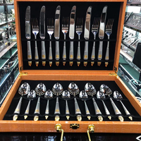Ensemble de couverts d'hôtel en acier inoxydable plaqué or 24 carats de luxe 24 pièces avec boîte-cadeau en cuir PU