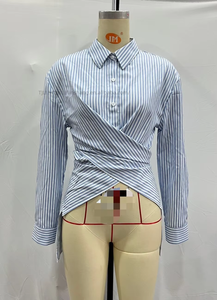 Women's Striped Front Shirt Collared Long Sleeve Tie-Back Casual Office Blouse <b>Top</b> Fashion - Product Image 6