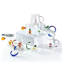 Tasse en verre borosilicate soufflé à la main avec poignée colorée, motif animal 3D de dessin animé, design moderne et minimaliste, pour usage au bureau, transparente