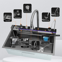 JYN Évier de cuisine en acier inoxydable 304 anti-rayures Évier de cuisine à fente unique multifonction avec affichage LED Cascade Évier de cuisine avec lave-gobelet