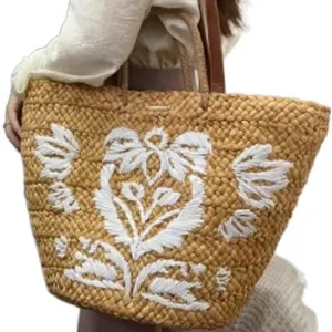 Yüksek kalite doğal mısır yaprakları el yapımı nakış Tote çanta kadın sepet büyük kapasiteli plaj saman kılıf çanta