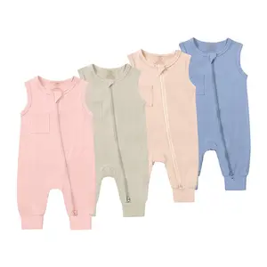 Summer Newborn Infant Toddler Kids Unisex Bamboo Zipper Sleeveless Solid Casual Jumpsuit Romper Baby Pajamas