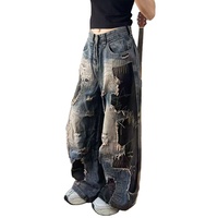 Jean en denim délavé style Wasteland tendance américain, nouveau modèle tie-dye, coupe ample et large pour l'automne