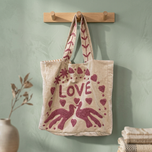 Wholesale Custom Handmade Off White Canvas Tote <b>Bag</b> Featuring Magenta LOVE Lettering Doves Hearts and Floral Applique Embroidery - Product Image 6