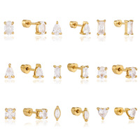 Boucles d'oreilles clous en acier inoxydable plaqué or véritable 18 carats PVD avec petite pierre de zircon et fermoir à vis