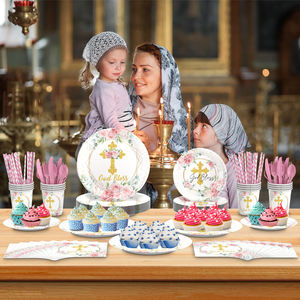 Juego de Vajilla Desechable con Tema de Hojas y Cruz en Blanco, Rosa y Azul <span class=keywords><strong>para</strong></span> Comunión, <span class=keywords><strong>Bautizo</strong></span> de Bebé, Artículos <span class=keywords><strong>para</strong></span> Fiestas - Product Image 4