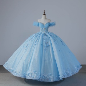 ชุดเดรสงาน Quinceanera สีฟ้าซาตินลูกไม้สไตล์โคลอมเบีย ทรงบอลกาวน์ ยาวลากพื้น พร้อมชายกระโปรงแบบ Chapel Train ช่วงเอวทรงธรรมชาติ ลายพิมพ์ สำหรับวัยรุ่น XV Dons - Product Image 6
