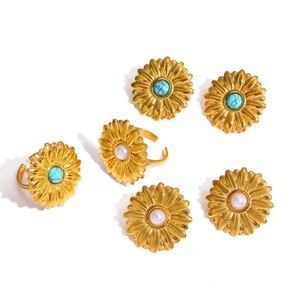 Flower <b>Stud</b> <b>Earrings</b> And Rings Set Stainless Steel Gold Plated <b>Turquoise</b> Pearl Inlay Jewelry For Gift - Product Image 5