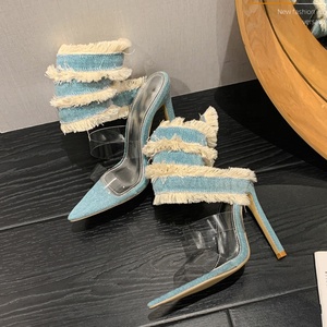 Sandalias de tacón de aguja con plataforma y correa única de mezclilla para mujer, estilo sexy con cordones cruzados, tendencia de moda para verano y otoño, venta al por mayor - Product Image 5