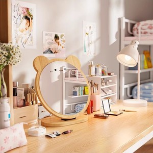 Desktop Makeup Mirror Round Wood Frame Glass Lens <b>Vanity</b> Mirror For Student Dormitory Tabletop Use - Product Image 1
