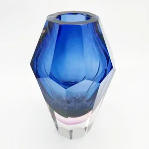 Vaso de vidro artesanal nórdico, vaso com corte azul rosa