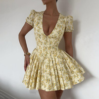 Robes Courtes d'Été à Imprimé Floral Jaune pour Femmes, Vintage, Manches Bouffantes, Col en V, Sexy, Élégantes, Plissées, Taille Empire, pour Fête et Plage