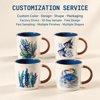 Tasse à café en céramique personnalisée sur le thème de la vie marine, imprimé crabe, poisson, corail, avec intérieur bleu, pour café de plage, vaisselle de bar