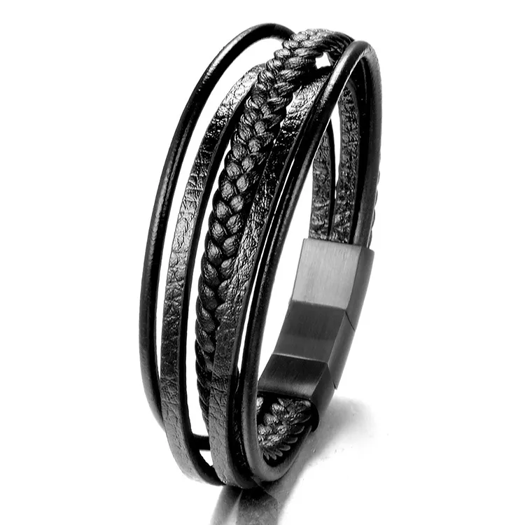 2020 New Arrivals Jewelry Woven Braided Wristband Black Leather Bracelet For Men Extend Magnetic Closure Exclusive Gift