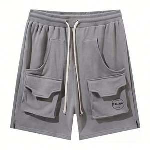 Venta al por mayor gris personalizado de gran tamaño de pierna recta pantalones de correr con bolsillos grandes de lana gruesa de impresión de cordón ancho pantalones cortos de carga para los hombres - Product Image 6