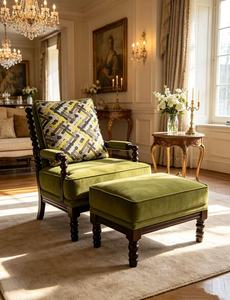 Ensemble fauteuil et ottoman en velours vert vintage, fauteuil d'appoint capitonné avec pieds en bois tourné - Product Image 1