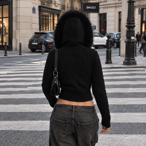 Cardigan en tricot à capuche en fausse fourrure streetwear pour femmes, veste courte zippée, coupe ajustée, tendance Y2K, vêtements d'extérieur chauds pour l'hiver - Product Image 6