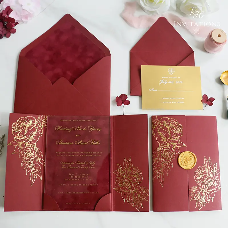 Pochette de luxe en velours bordeaux transparent, porte-cartes de mariage, enveloppe de doublure en velours bordeaux, RSVP et sceau de cire