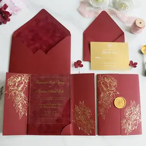Luxury Burgundy Velvet Underlay Clear Acrylic Pocket Holder Wedding Cards & Burgundy Velvet Liner Envelope & RSVP & Wax Seal