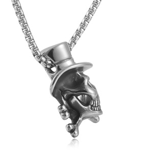 Collar con colgante de calavera de acero inoxidable con sombrero de copa y huesos entrelazados, cadena de 24 cm, color plateado, estilo punk rock para hombre - Product Image 5