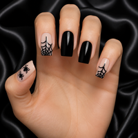 Faux ongles carrés à presser pour Halloween, noirs brillants, réutilisables, qualité supérieure, vente en gros, personnalisables