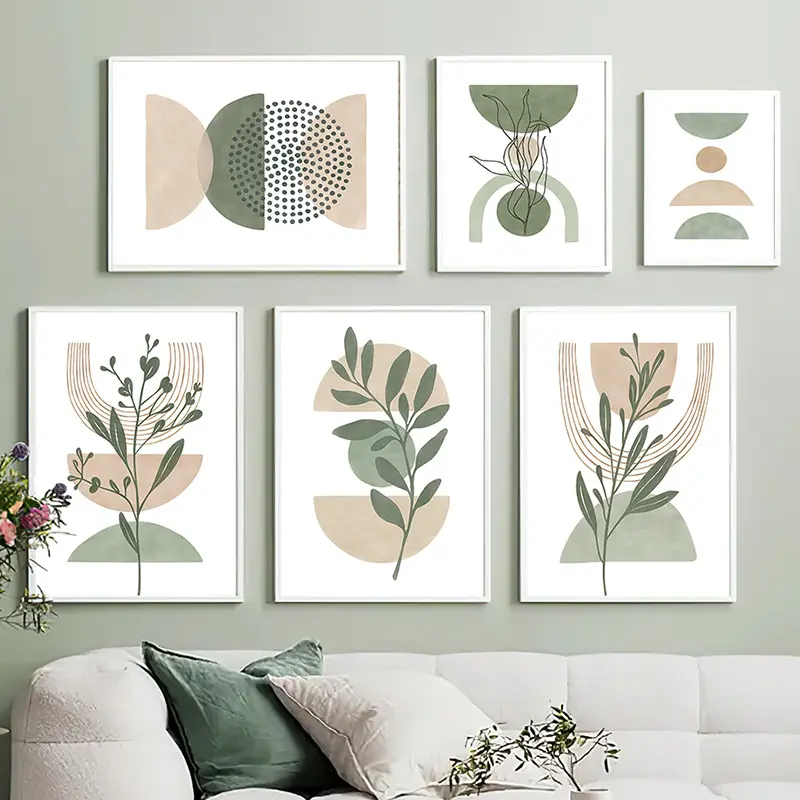 Decoración del hogar nórdico minimalista verde abstracto geométrico plantas hoja arte impresión cartel con marco flotante