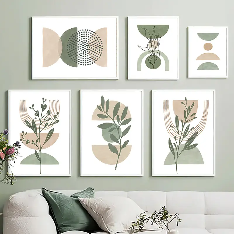 Home Decoration Nordic Minimalist Green Abstract Geometric Plants Leaf Art Print Poster With Floater Frame