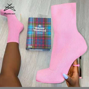 Bottes élastiques à talons fins et courts pour femmes, <span class=keywords><strong>chaussures</strong></span> Sexy de styliste, chaussettes vertes, hautes et douces, grandes tailles, nouvelle collection hiver - Product Image 3