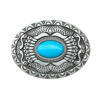Ceinture ovale western en argent antique avec boucle ornée de pierres imitation turquoise, vente en gros d'usine, faible MOQ, convient aux ceintures de 1,5 pouce, fabriquée en