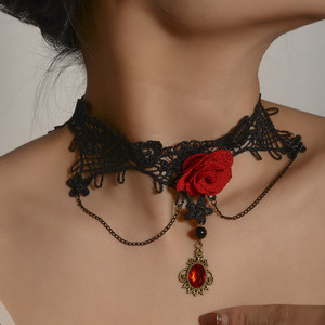Collar <span class=keywords><strong>de</strong></span> encaje vintage con rosa <span class=keywords><strong>roja</strong></span> para mujer, colgante <span class=keywords><strong>de</strong></span> <span class=keywords><strong>gema</strong></span> con borlas, accesorios <span class=keywords><strong>de</strong></span> joyería para vestido - Product Image 2