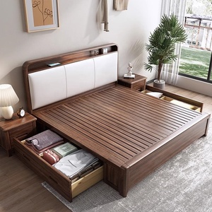 Современная кровать из массива ореха с простым дизайном, двуспальная, с высоким ящиком для хранения, по выгодной цене, хит продаж - Product Image 2
