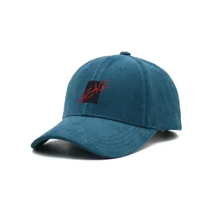 6 Panel Pauw Blauw Corduroy Baseball Cap, Gestructureerd Geborduurde Patch Baseball Hat Cap Met Metalen Gesp