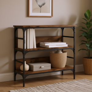 Smoked Oak Engineered Wood Console <b>Table</b> With Metal Accents Industrial Design Living Room Furniture - Product Image 2