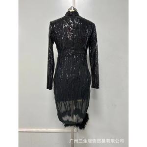 Robe de soirée moulante pour femme à sequins et plumes, manches longues, col montant, avec superposition transparente, longueur mi-longue - Product Image 4
