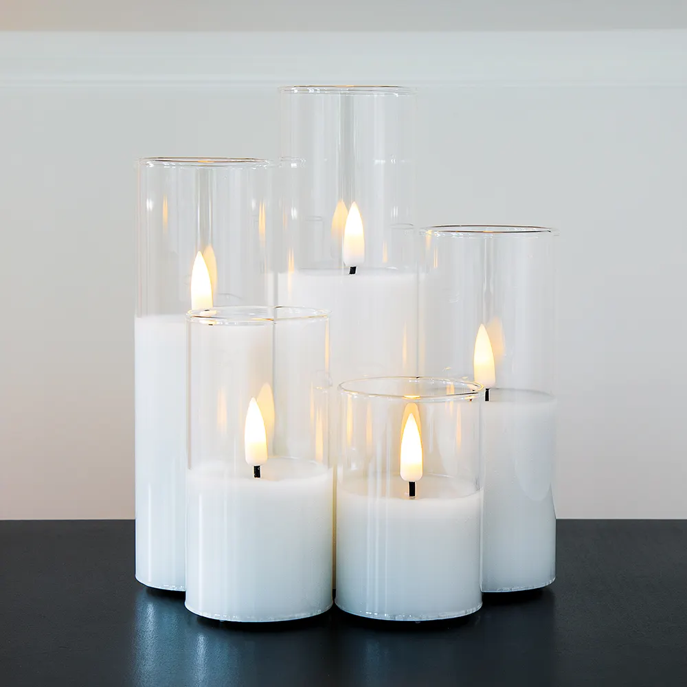 Set 5 Buah Pilar Dekorasi Rumah Kaca Putih, Lampu Hangat Lilin Led Kedip Jarak Jauh