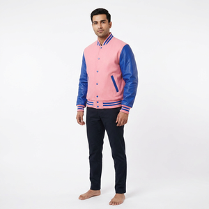 <b>Genuine</b> Leather Sleeves With Blue Stripe <b>Genuine</b> Baby Pink Wool Souvenir CollegeBaseballjacket for men - Product Image 1