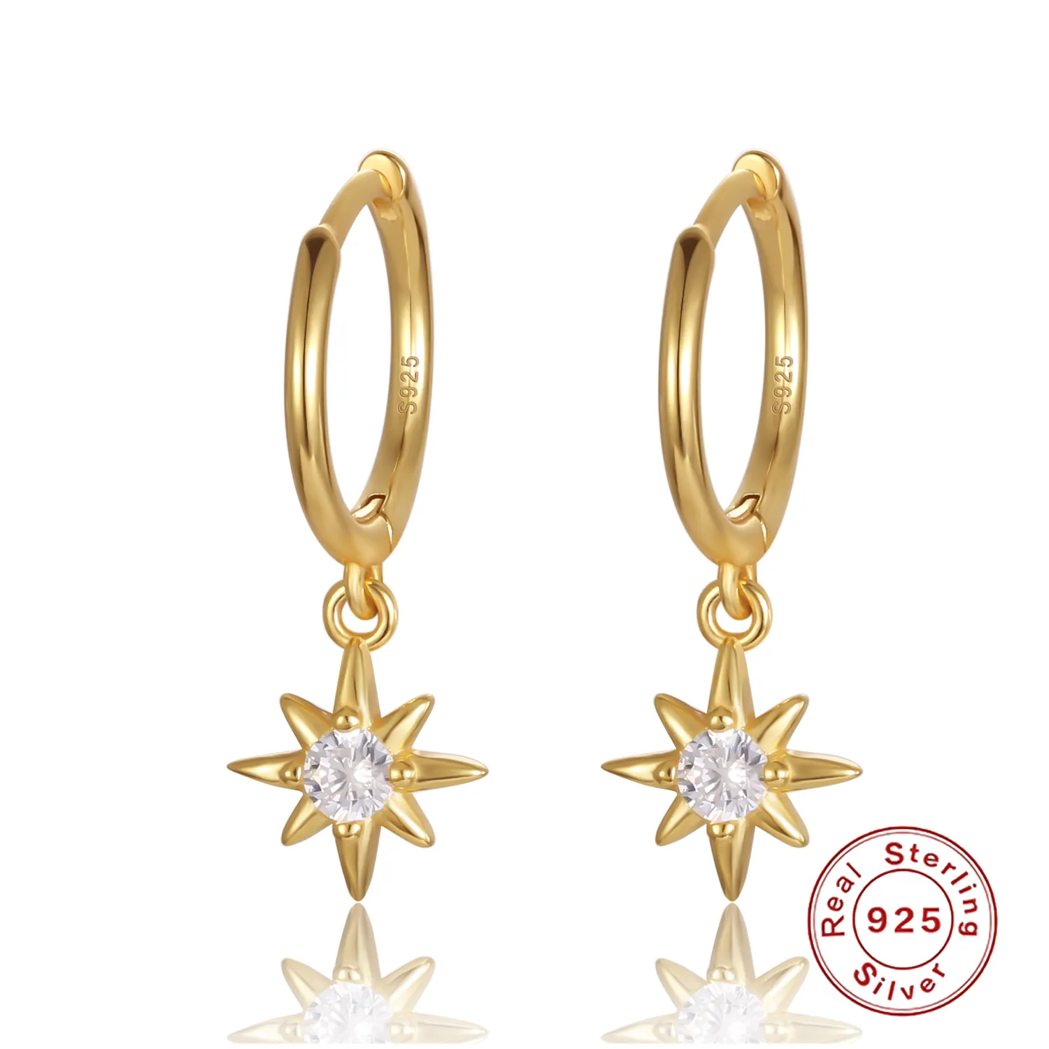 dropshipping 925 Sterling Silver star shape with diamond cz 18k Gold Plated Star Earring for Women jewelry