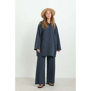 LOREEN Women's Button Detail Oversize Shirt & <b>Pants</b> Two-Piece Set, Comfortable Casual Navy Blue Outfit, Model 20694TKS - Product Image 1
