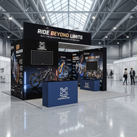Stand d'exposition modulaire avec structure en aluminium, éclairage LED, bannière supérieure et comptoir d'accueil