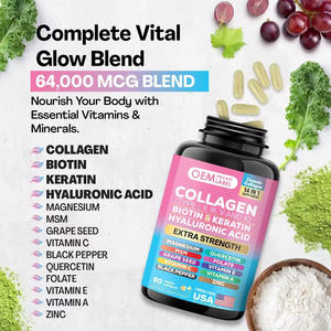 Capsules de Collagène OEM/ODM à <span class=keywords><strong>Prix</strong></span> Usine, Vente Chaude, 14-en-1, Soutien Anti-Âge, Santé des Cheveux, des Ongles et des Articulations, Mélange <span class=keywords><strong>Vital</strong></span> Glow 64000mcg, 60 Capsules - Product Image 5