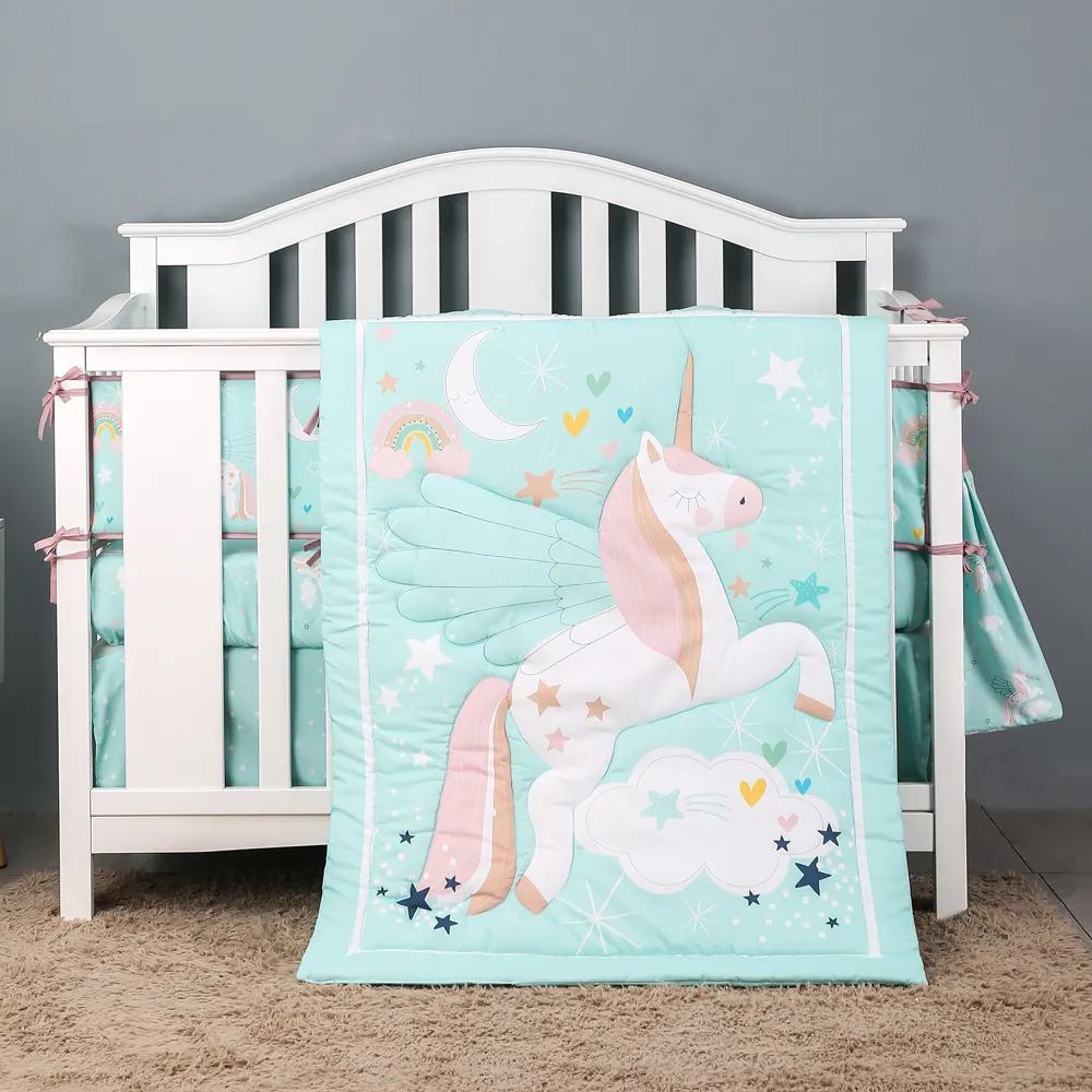 whole sale standard size 72cm by 132 cm crib bedding set comforter set Green Unicorn design 7pcs for new born baby boy and girl